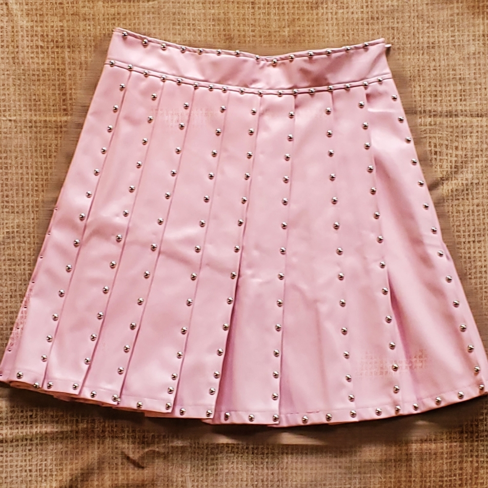 Pleated Faux Leather Goldtone Studded Mini Skirt